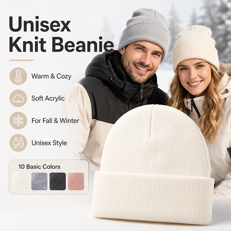 Beanie Cuffed Knit - Unisex Knit Beanie Warm Acrylic Winter