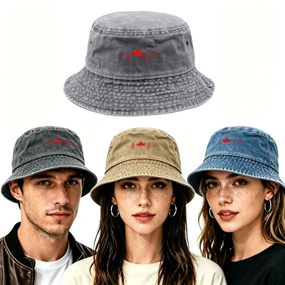Bucket Hat Cotton - Viscose Washed Canadian Maple Leaf Heartbeat
